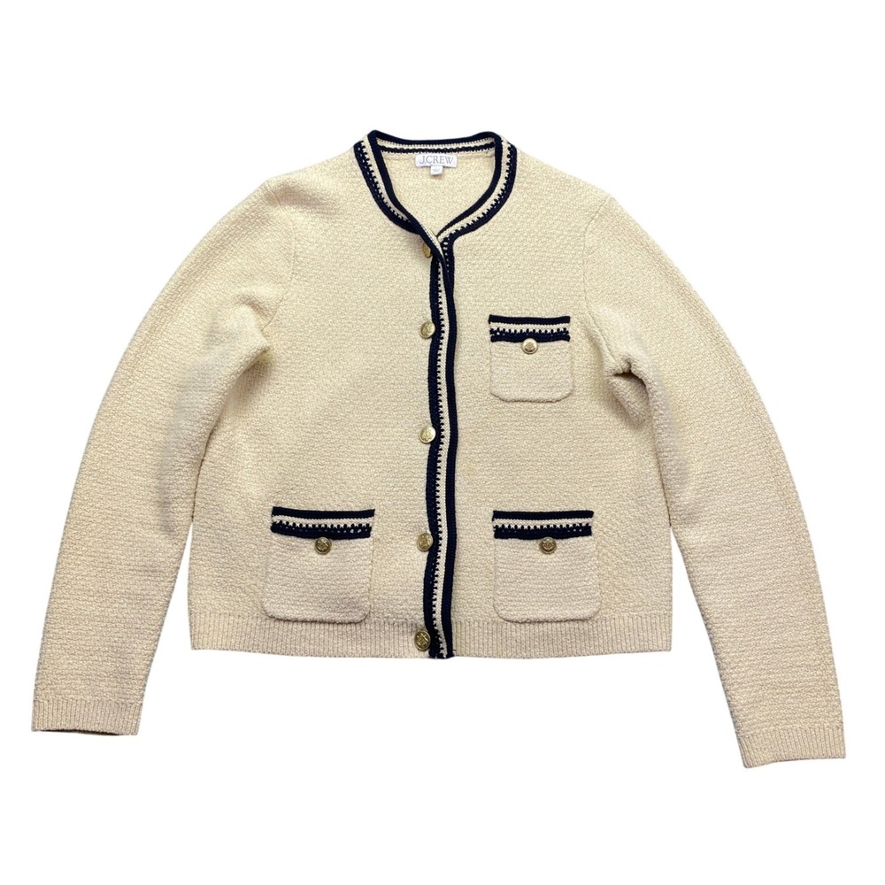 J.Crew Contrast-trim Cardigan Textured Lady Jacket Cream Navy Gold Button Sz L